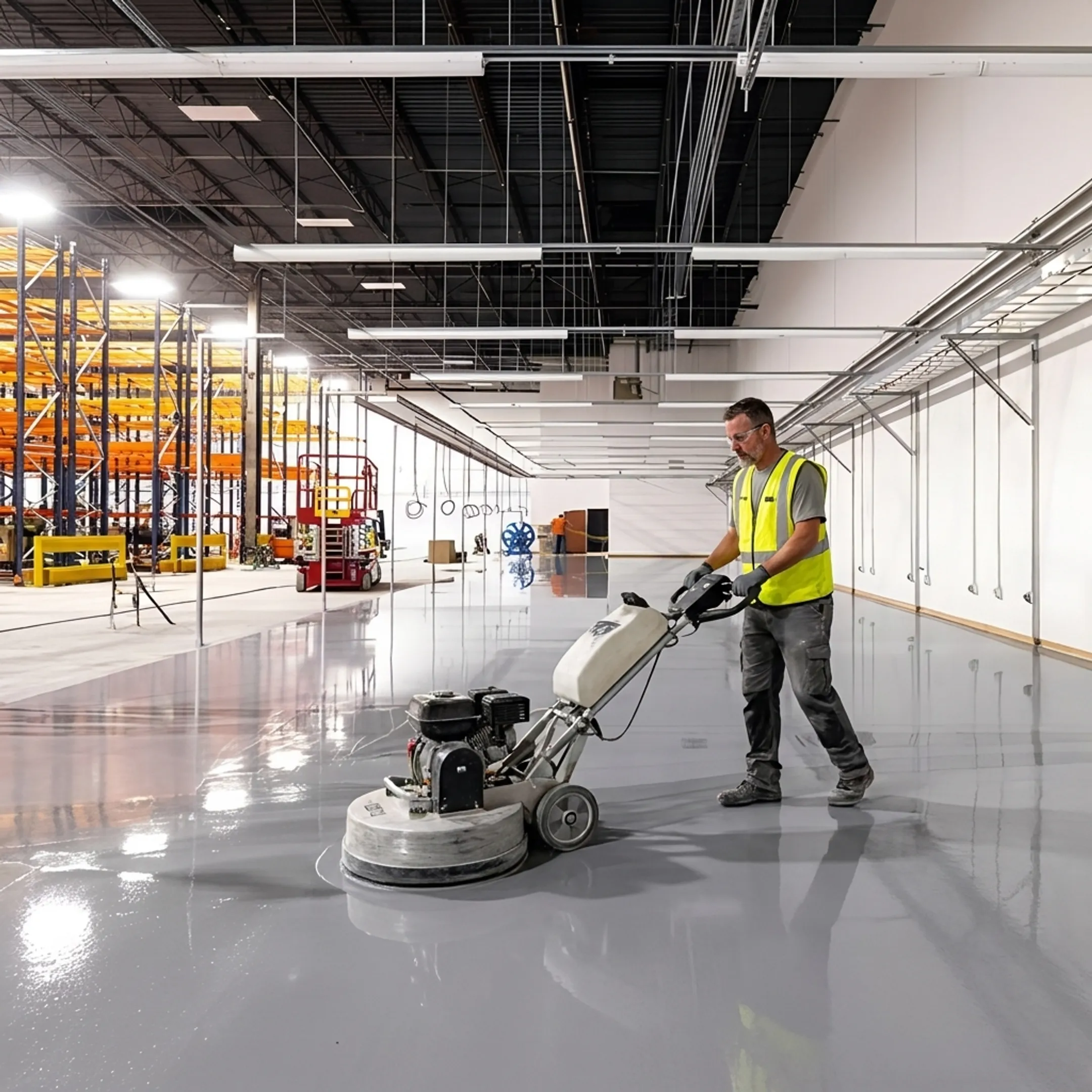 Contractor finishing polished concrete in a commercial building