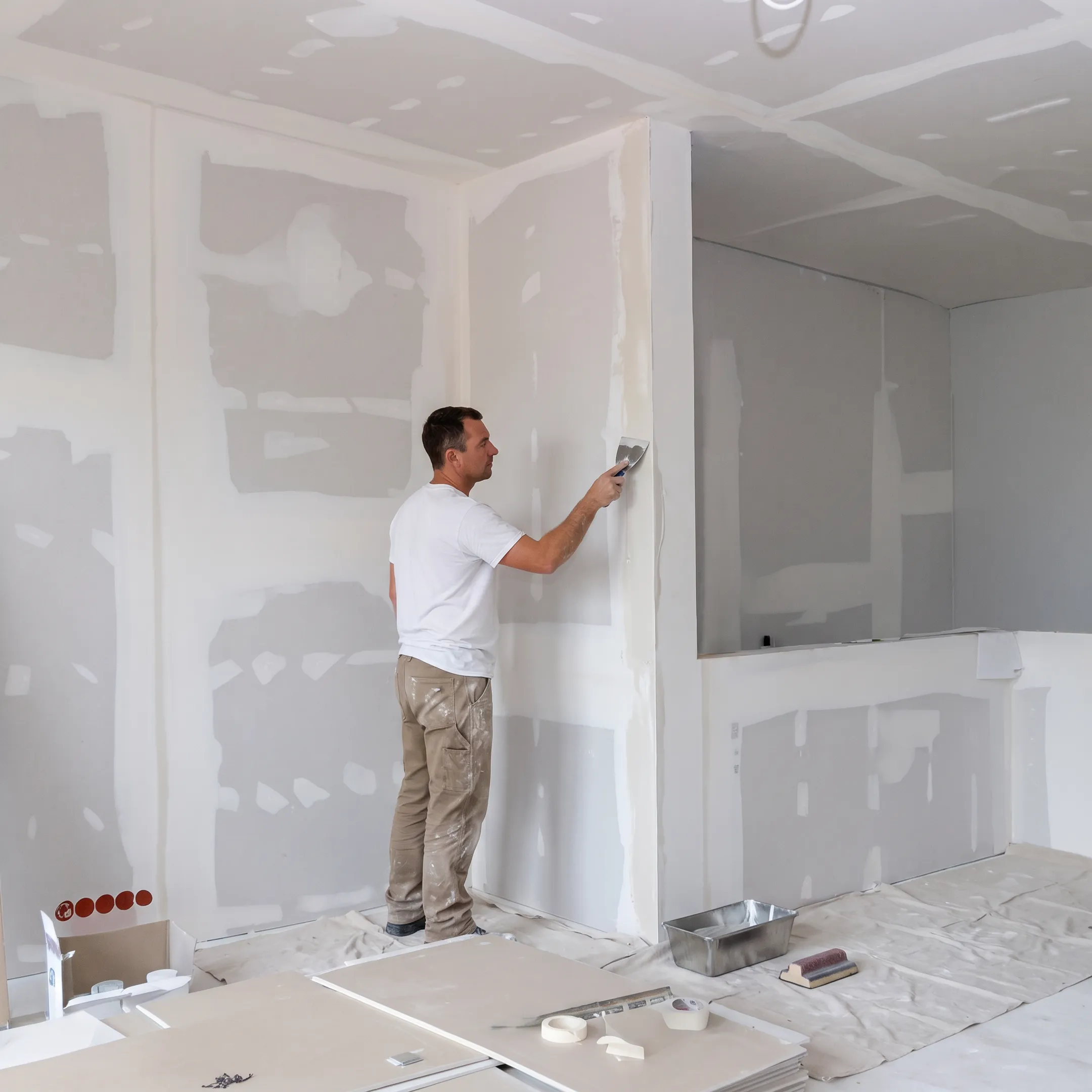 Contractor repairing drywall in a commercial interior