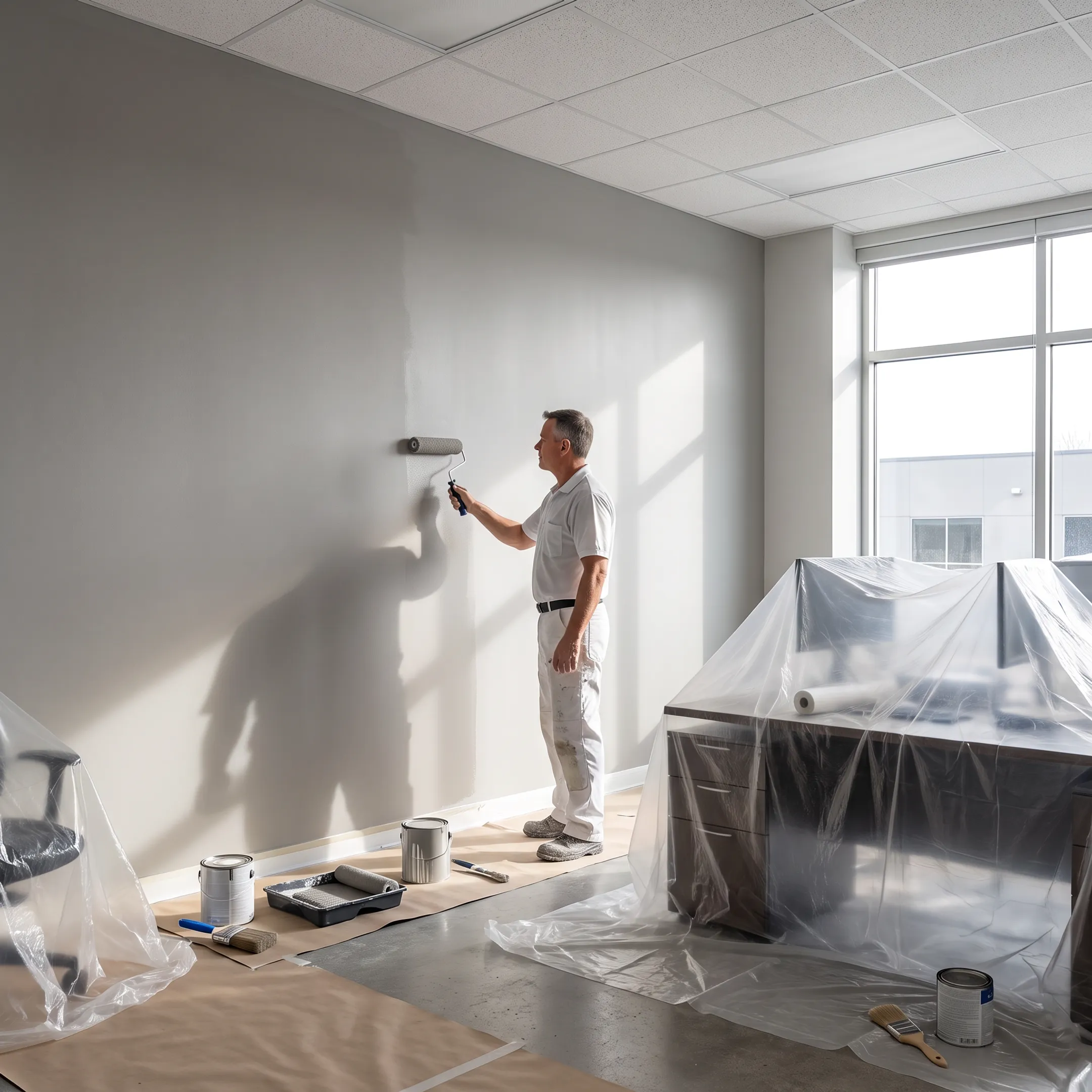 Painter finishing a modern commercial office wall