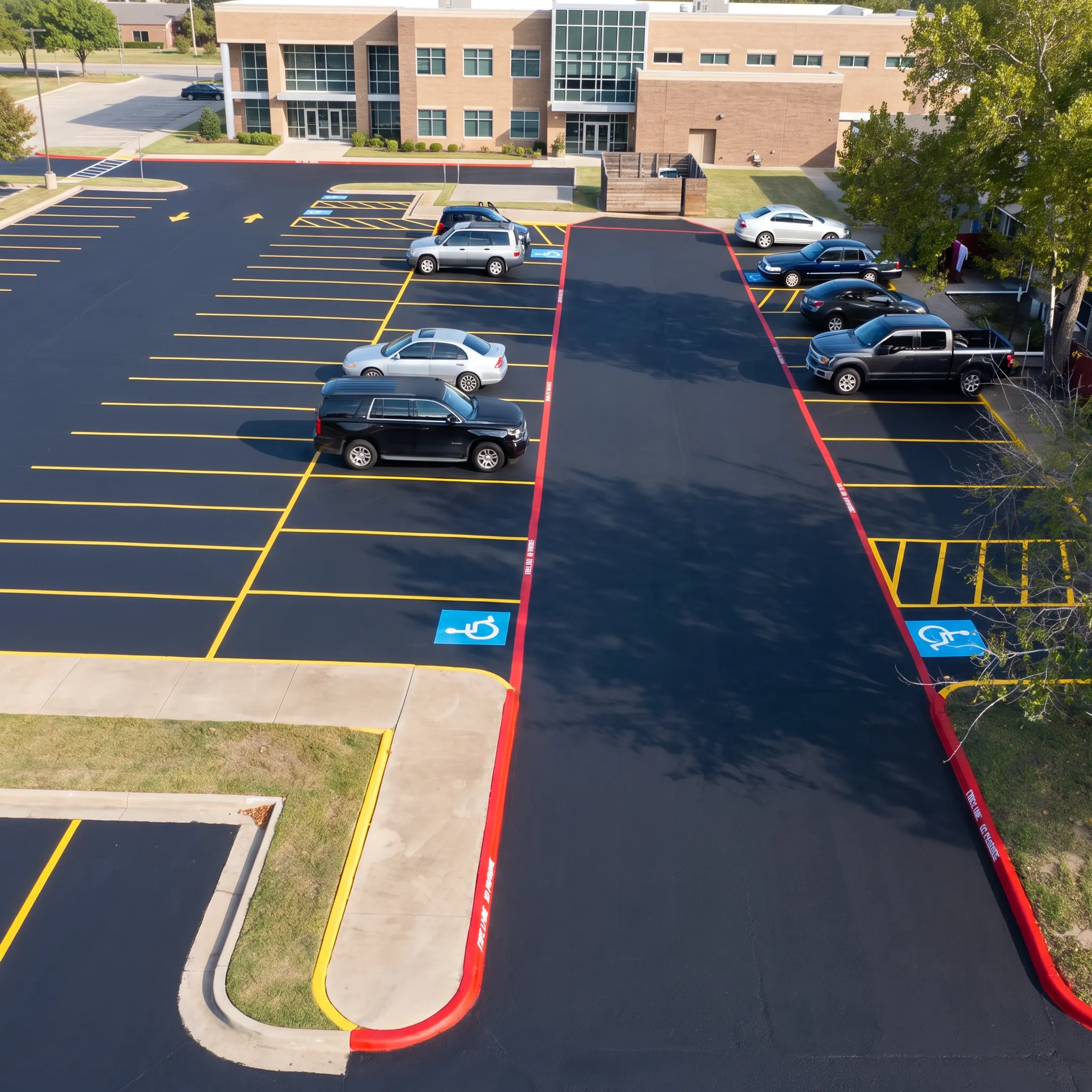 Freshly maintained commercial asphalt parking lot