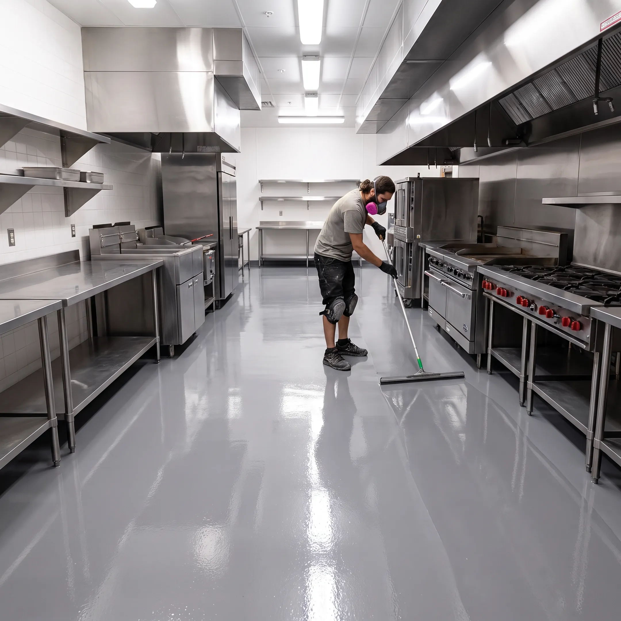 Contractor applying epoxy to a restaurant kitchen floor
