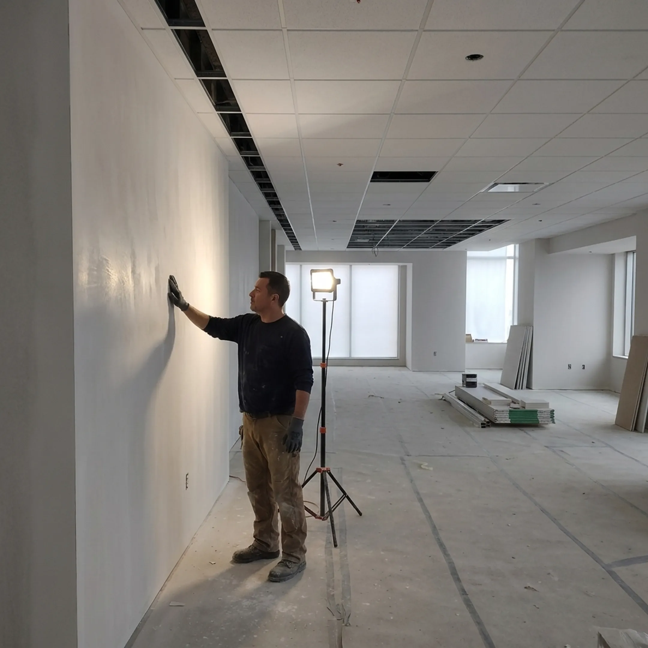 Contractor inspecting freshly textured drywall