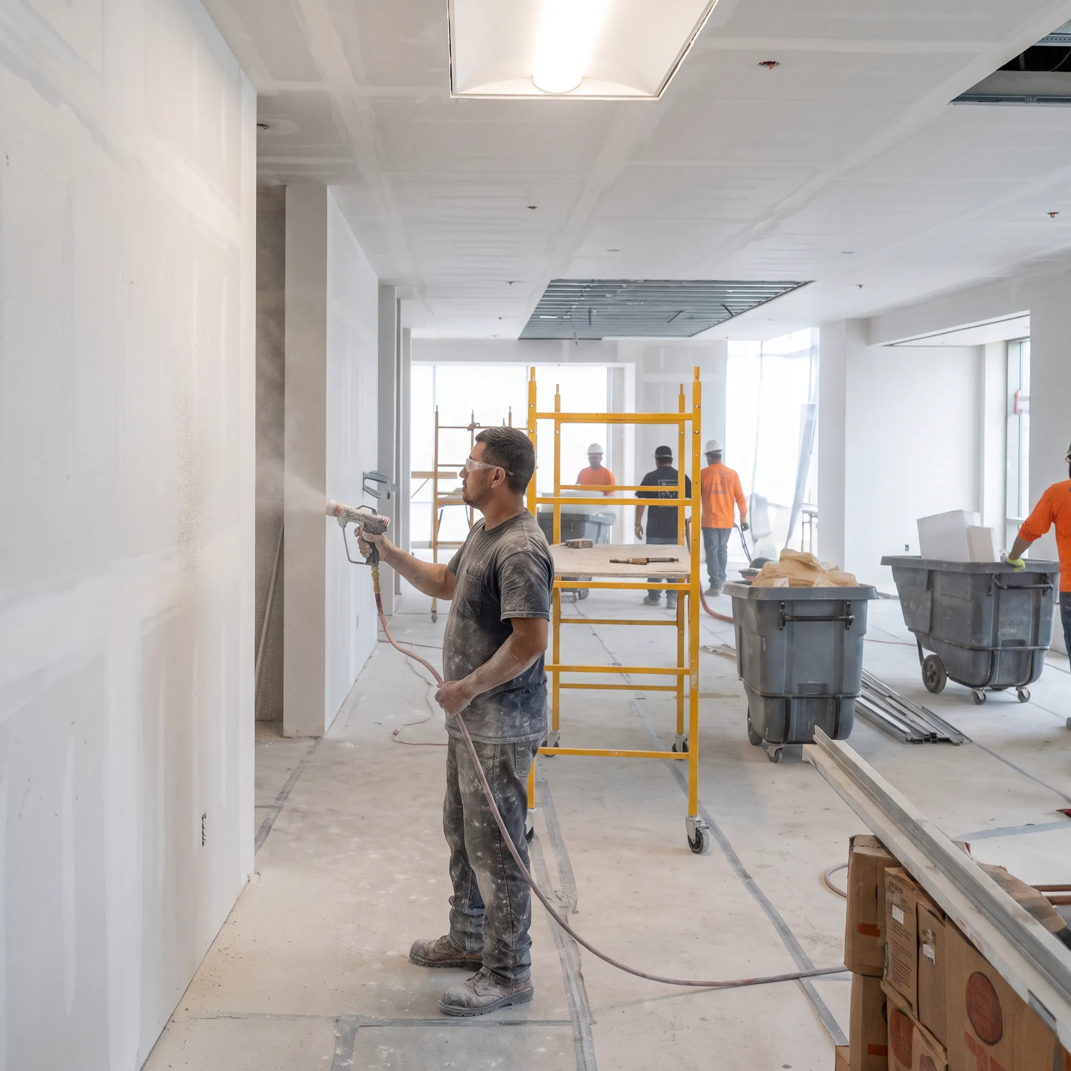 Contractor applying texture to a drywall wall