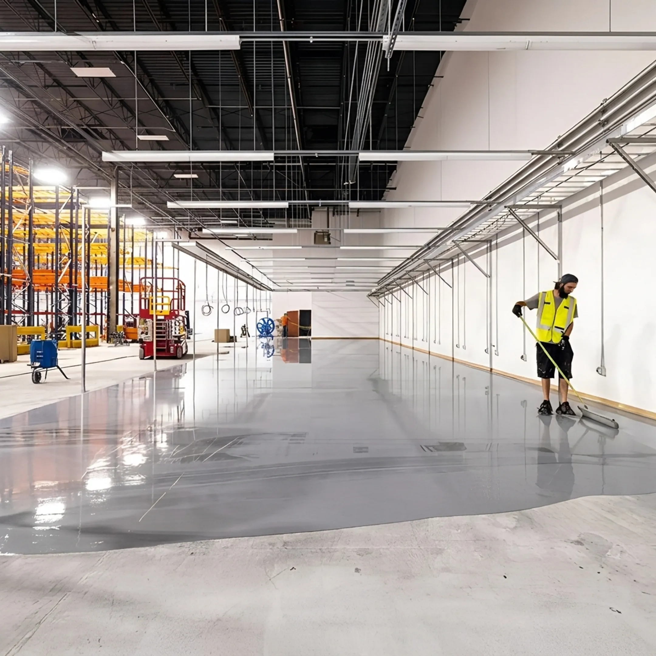 Contractor applying coating to commercial concrete floor