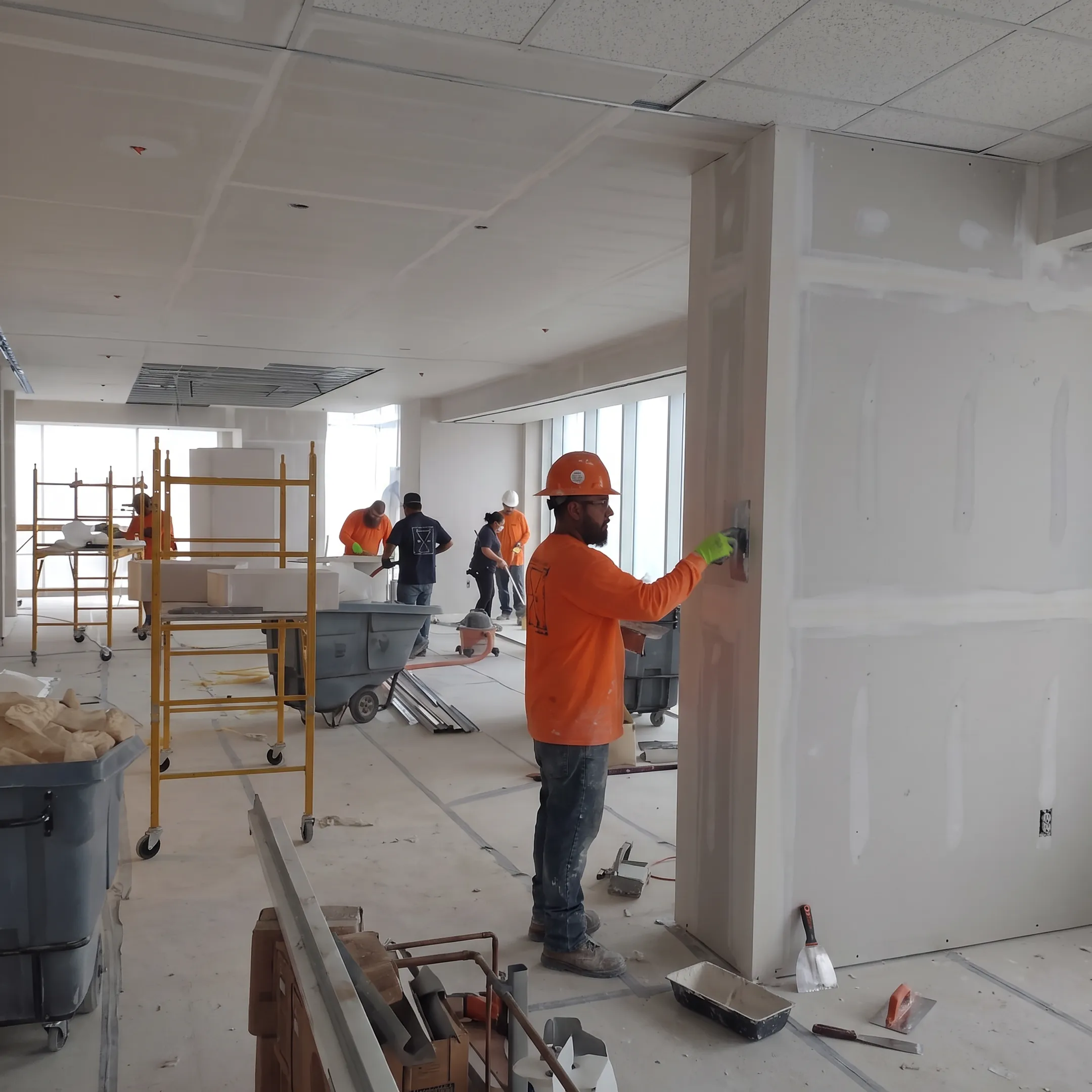 Commercial contractor finishing a drywall wall