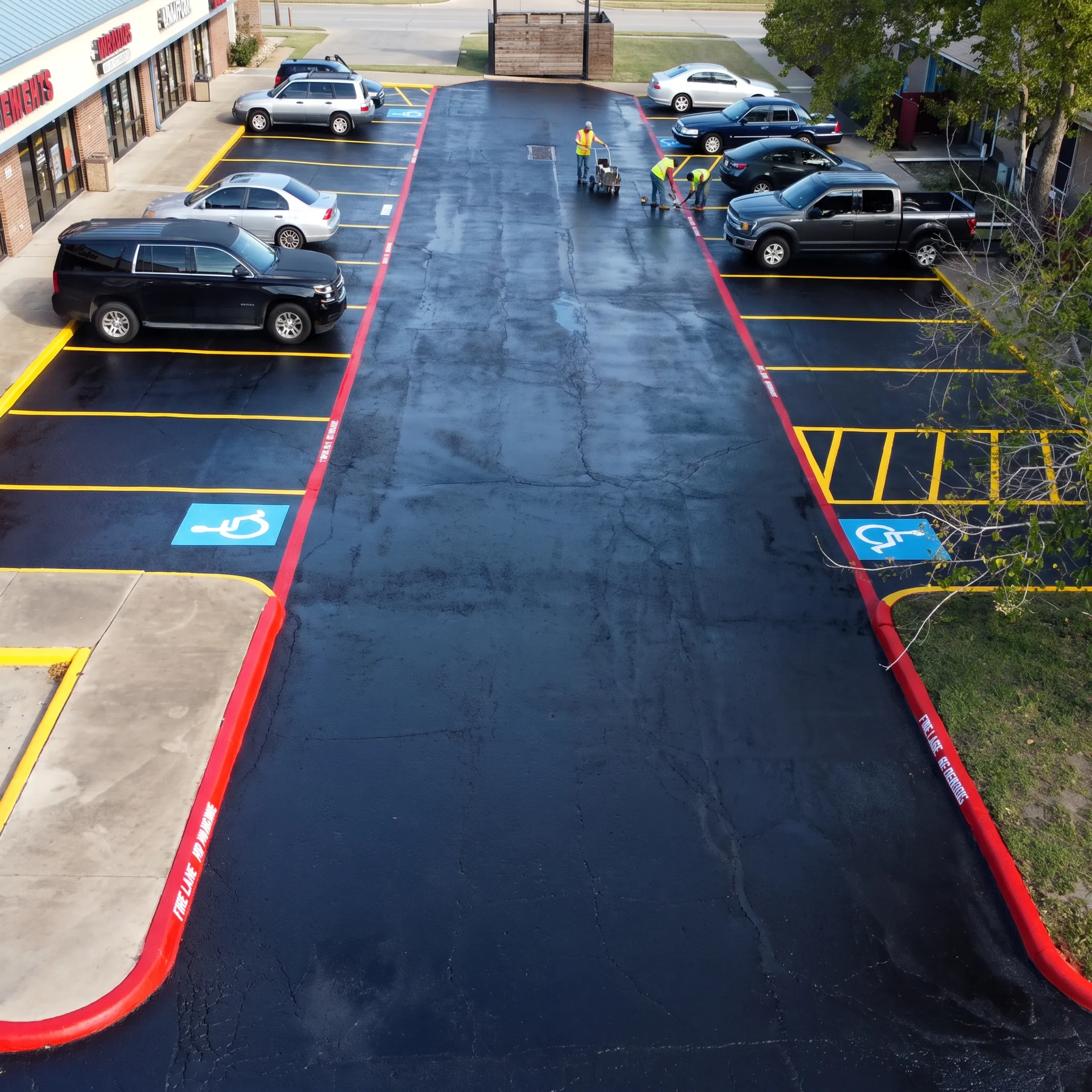 Freshly sealcoated commercial asphalt parking area