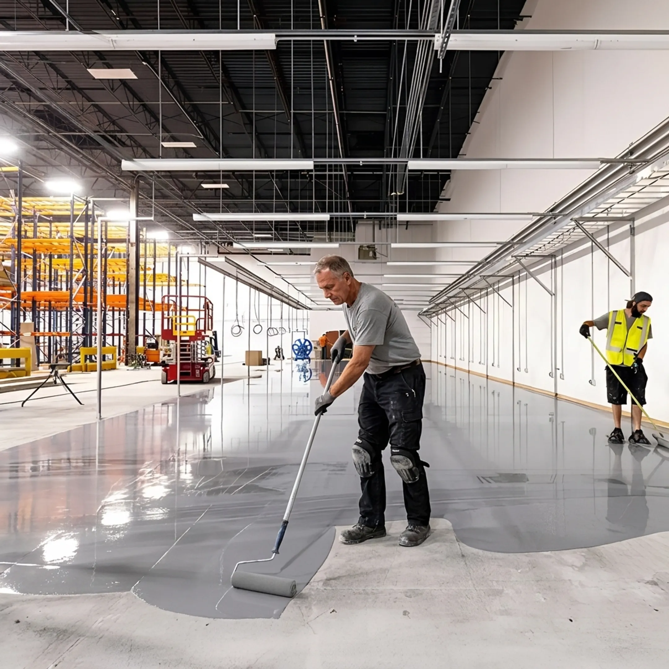 Contractor applying epoxy coating to concrete