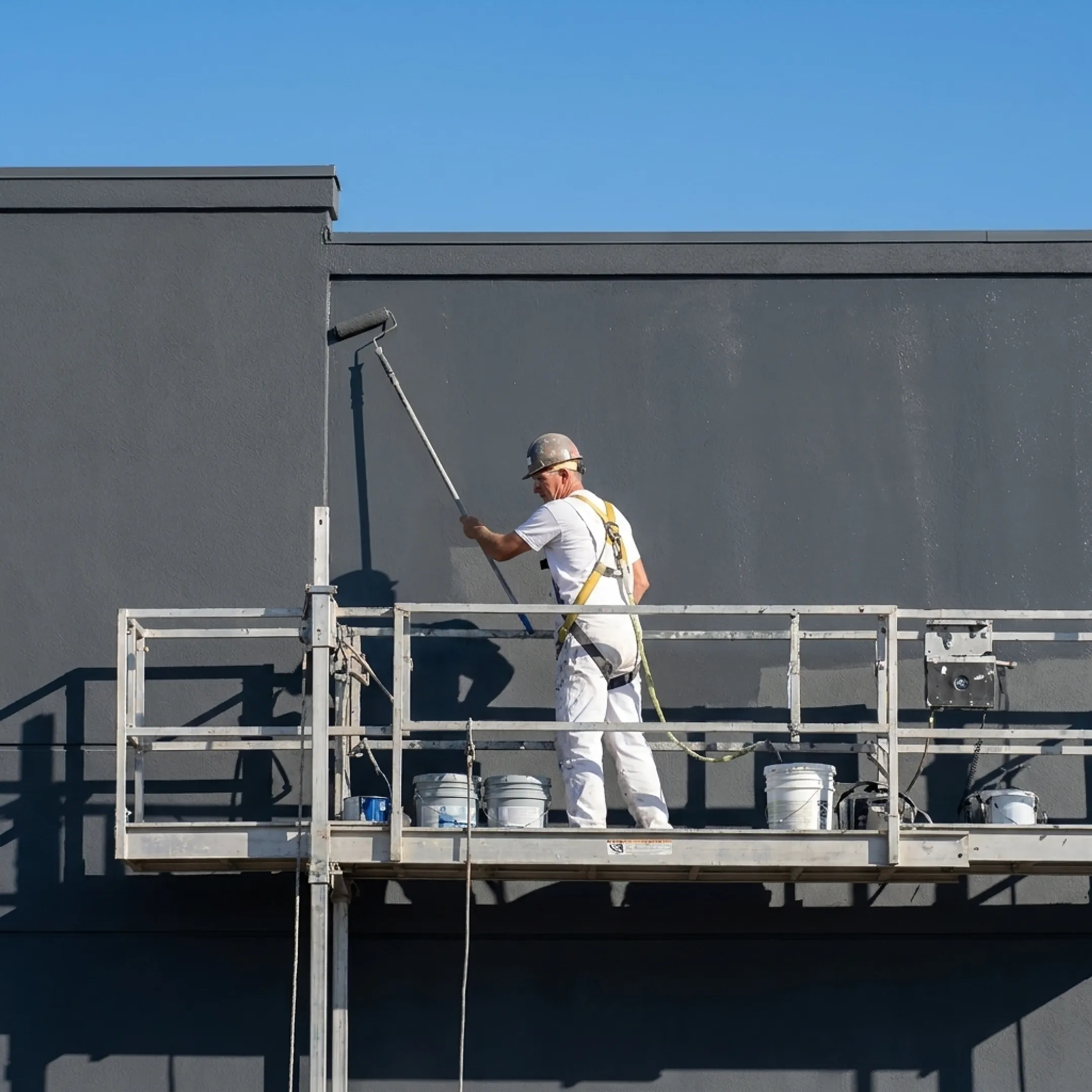 Painter coating a commercial exterior wall