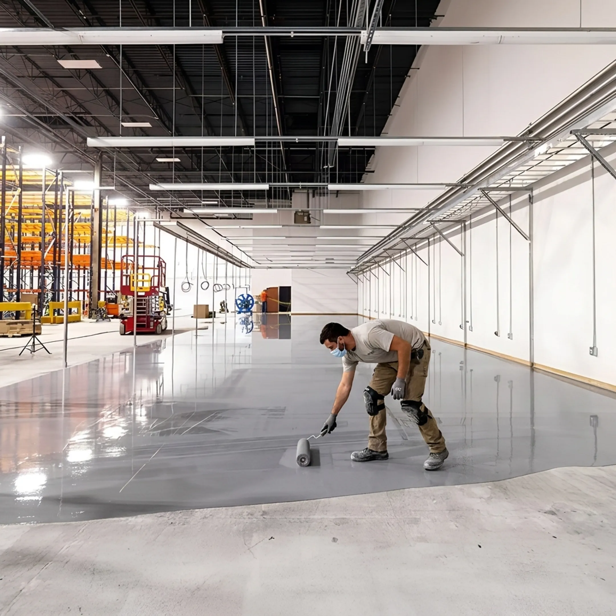 Contractor applying epoxy coating to concrete