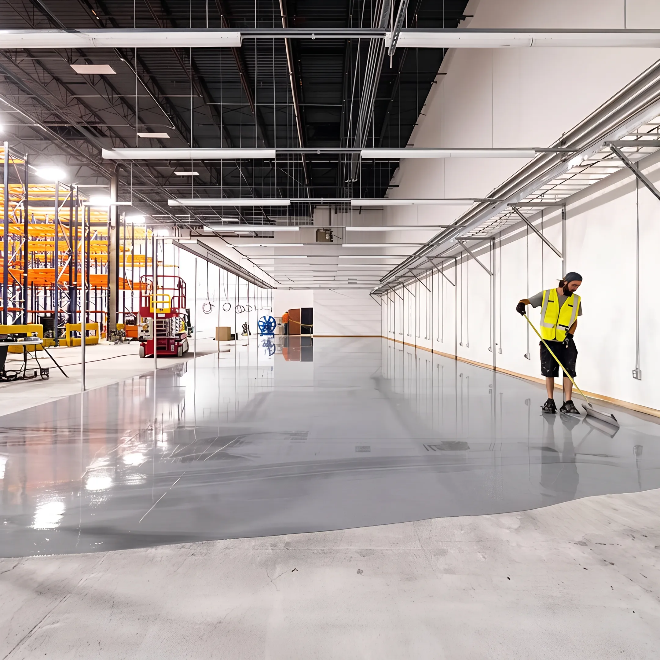 Fresh epoxy floor in a commercial workspace