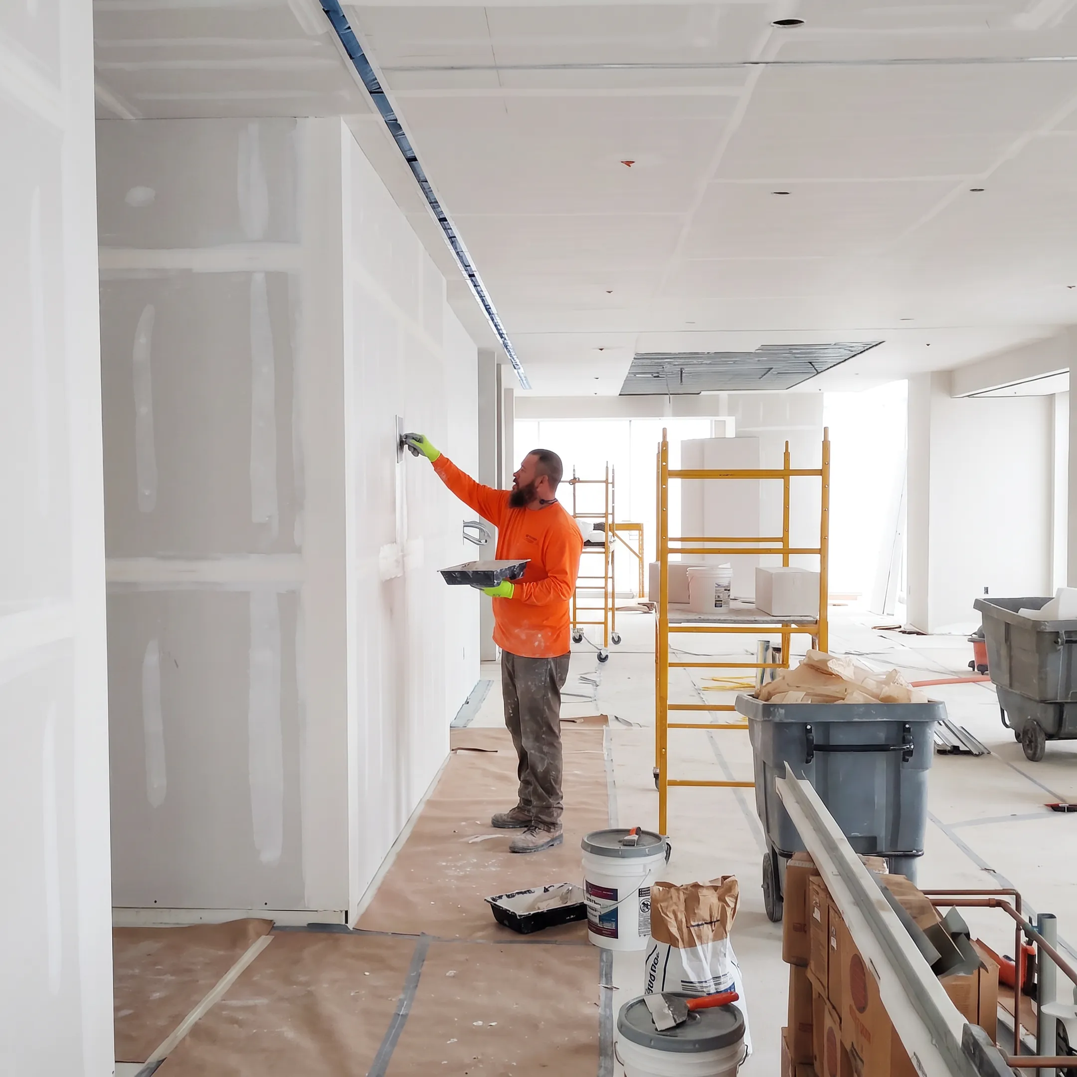 Contractor finishing a commercial drywall wall