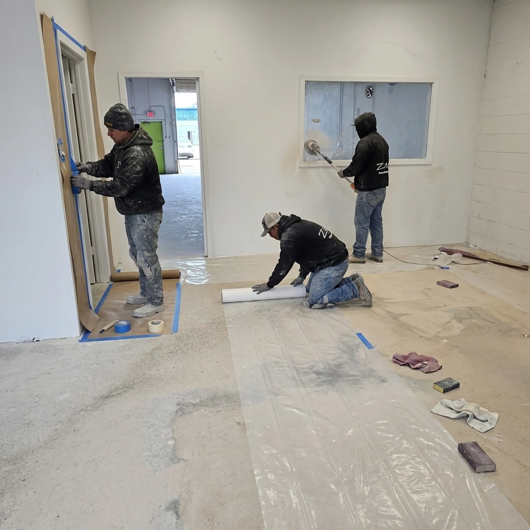 Commercial painting team preparing an office