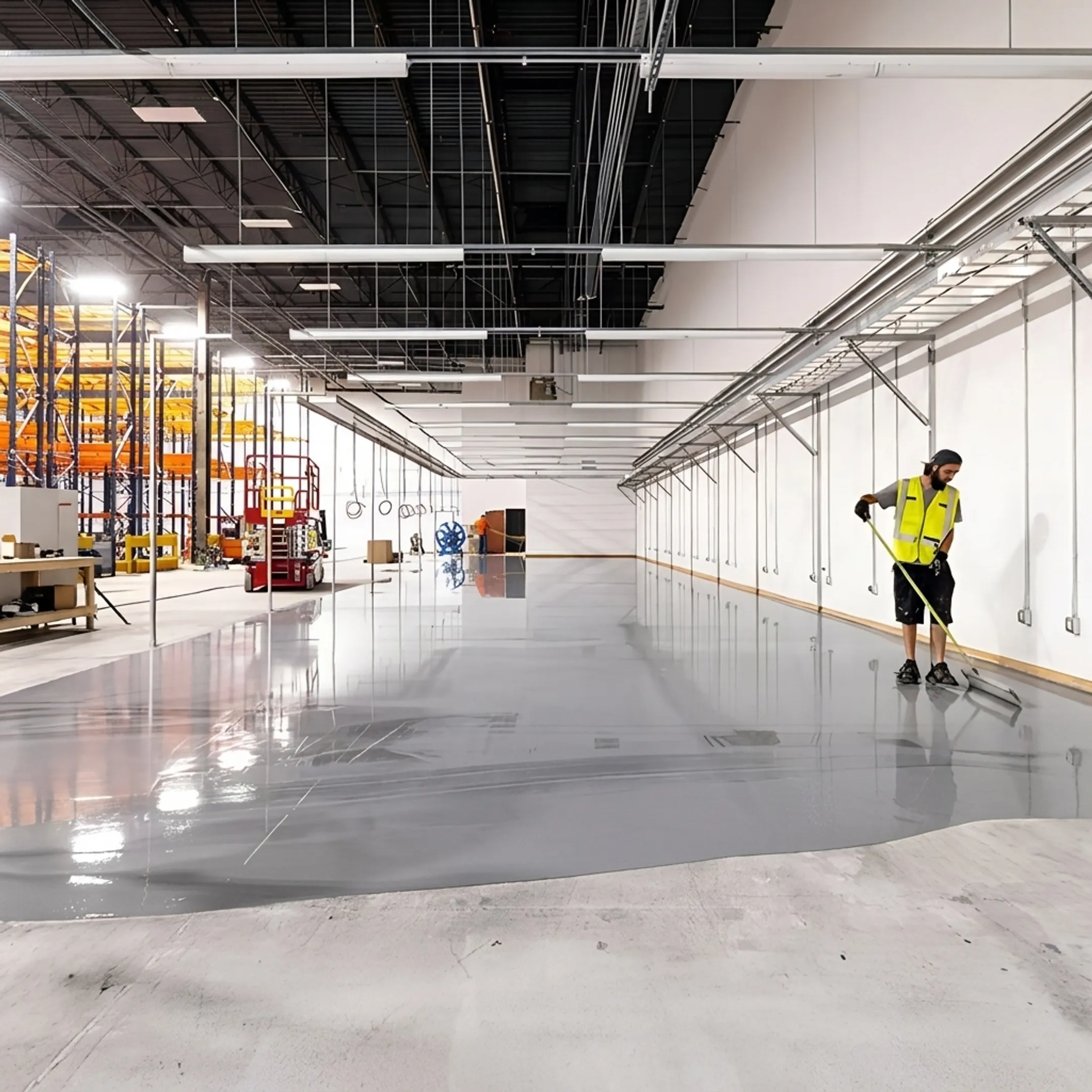 Finished commercial concrete floor in industrial workspace