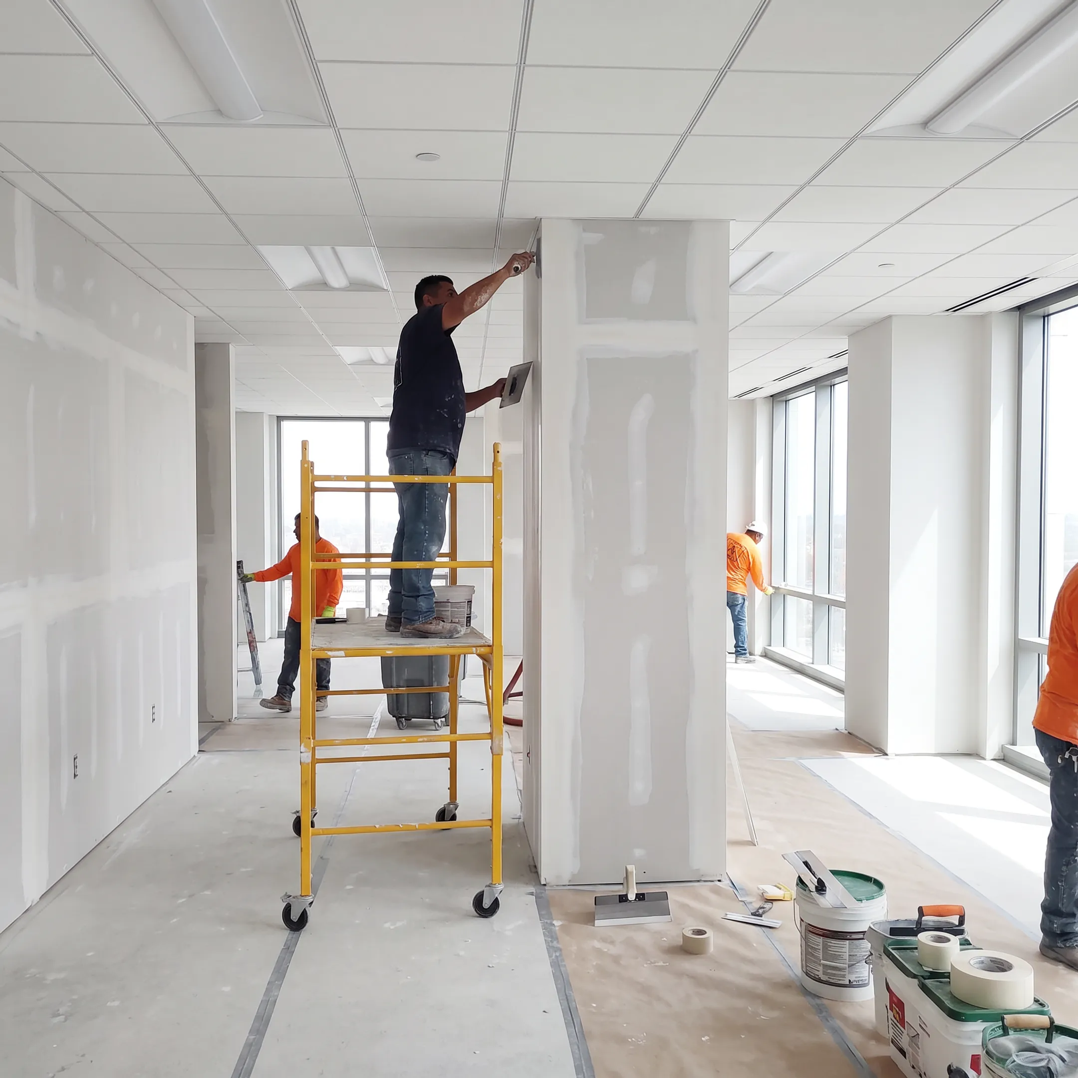 Contractor finishing drywall in a commercial interior
