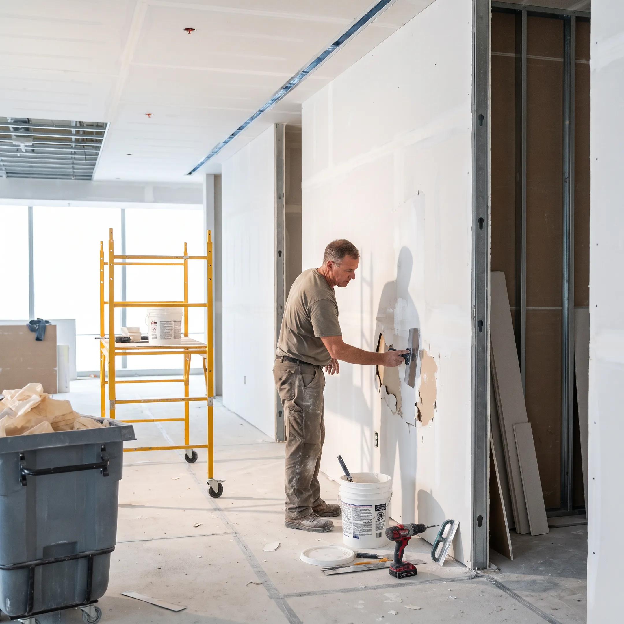 Technician repairing damaged drywall wall