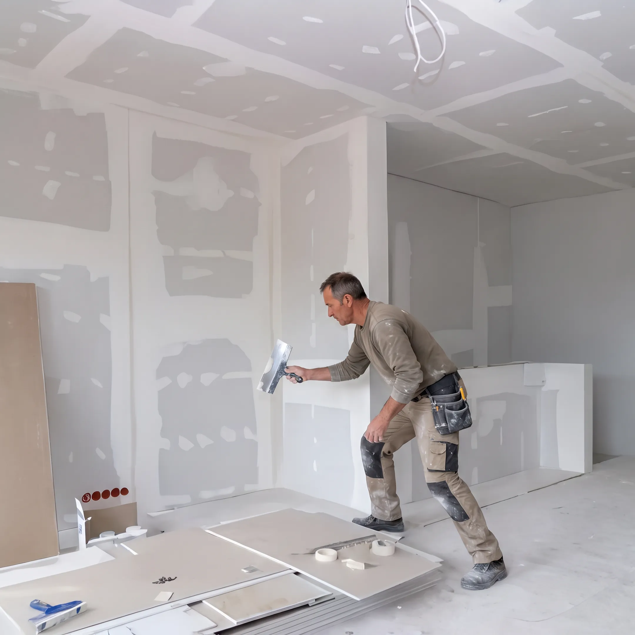 Commercial drywall wall being finished smoothly