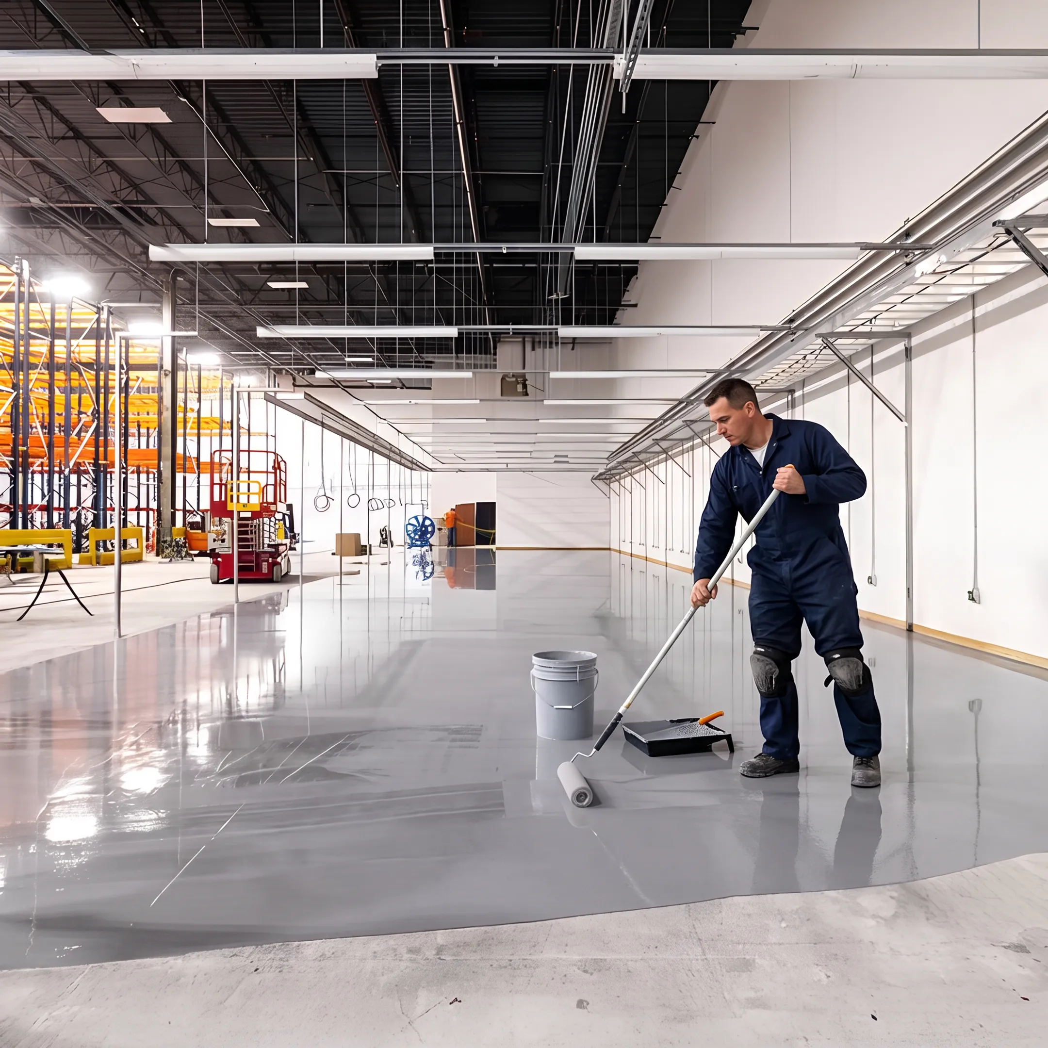Industrial worker applying a floor coating