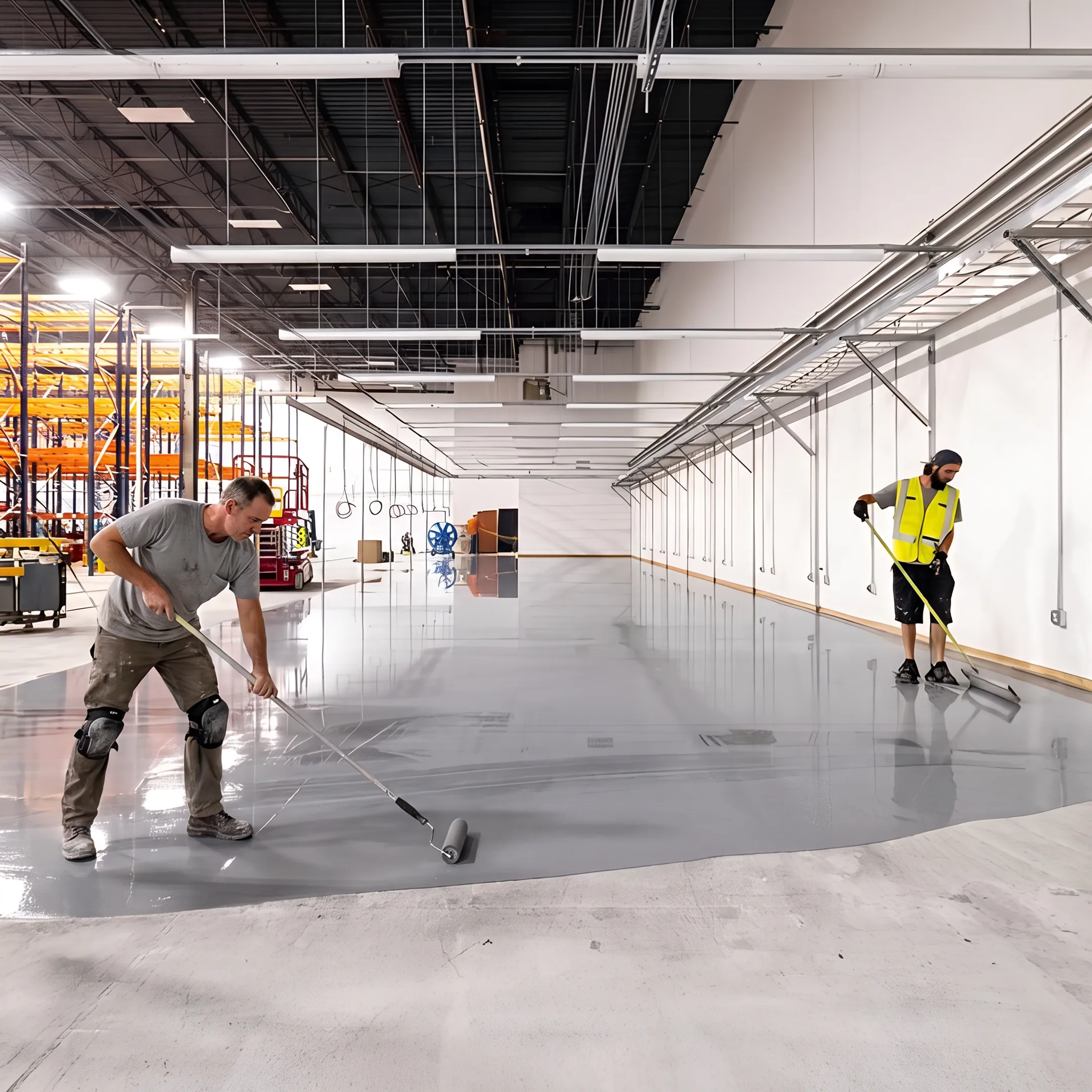 Contractor applying finish to commercial concrete floor