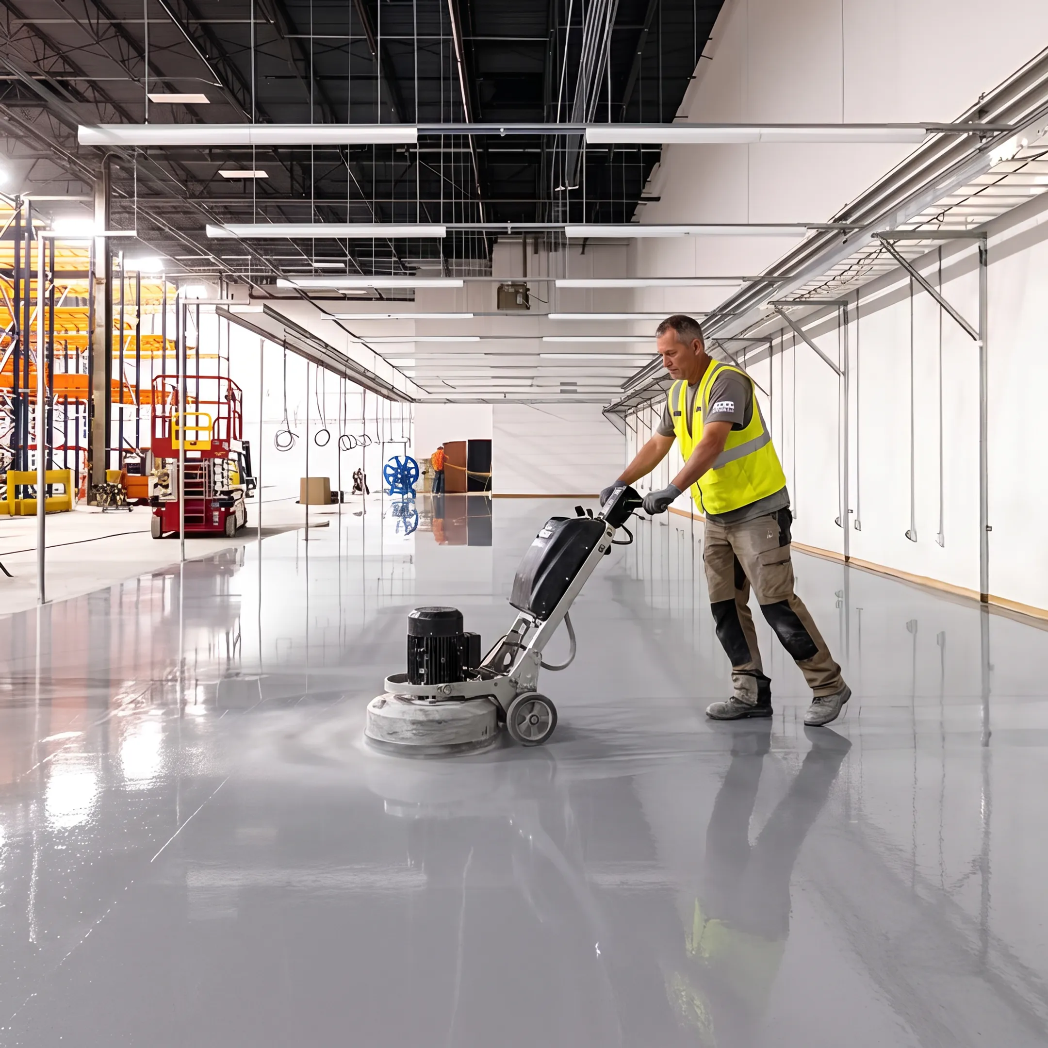 Technician polishing a commercial concrete floor