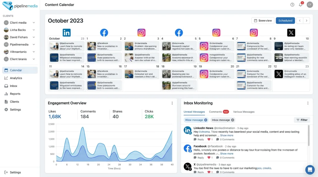 Social media management dashboard showing scheduled posts and engagement monitoring