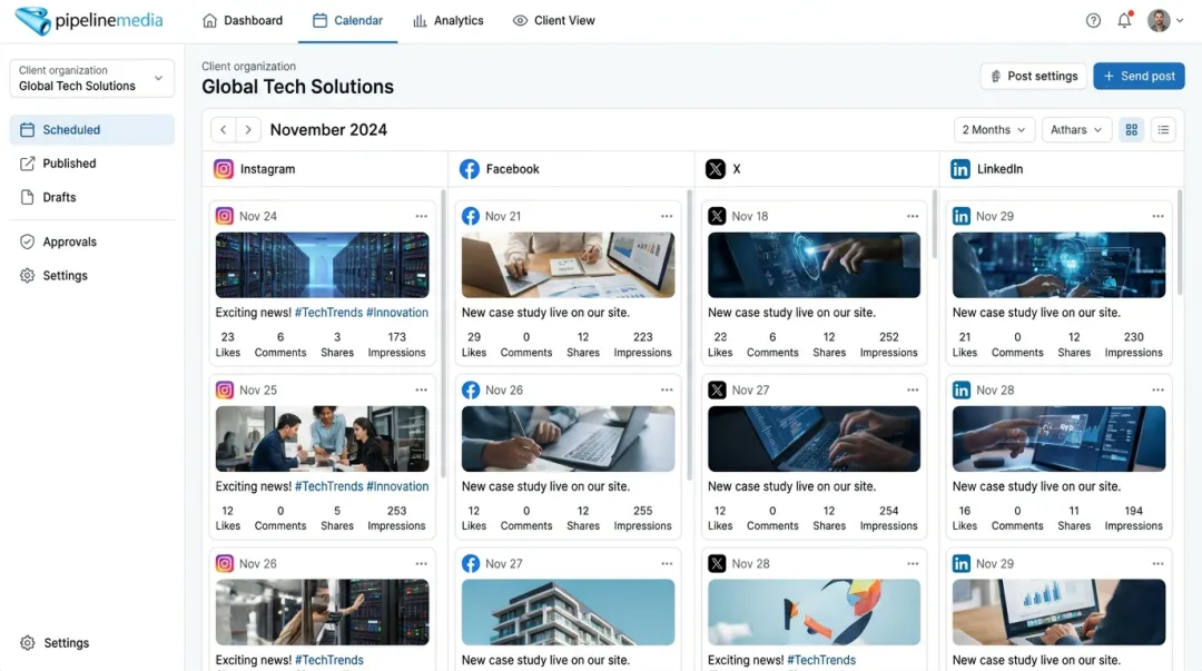 Social media management dashboard showing multi-platform content scheduling and analytics