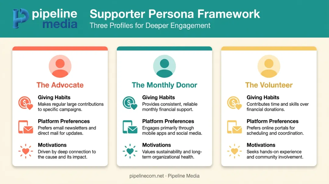 Nonprofit supporter persona framework showing giving habits and motivations