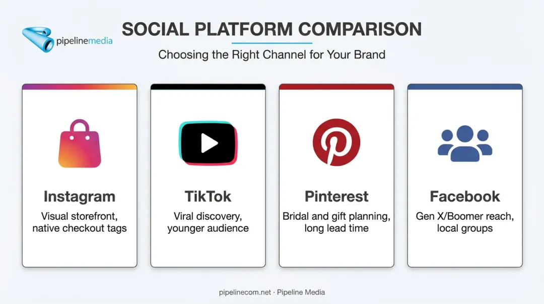 Comparison of Instagram TikTok Pinterest and Facebook for jewelry marketing