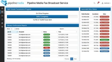 Pipeline Media Fax Broadcast dashboard showing delivery reports and retry status