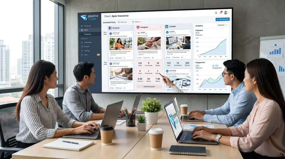 Pipeline Media team managing client social media accounts and analytics