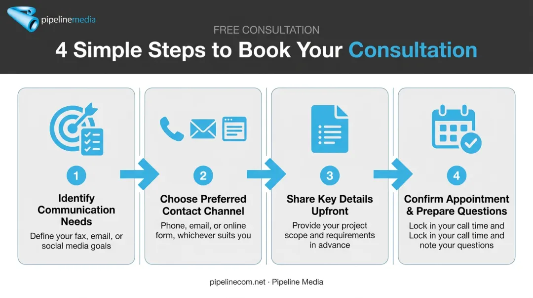 4-step process infographic for booking a business communication consultation