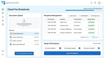 Cloud-based fax broadcasting platform dashboard showing campaign document upload interface