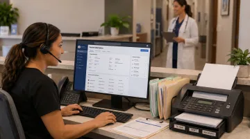 Healthcare provider office using fax machine for prior authorization document workflow