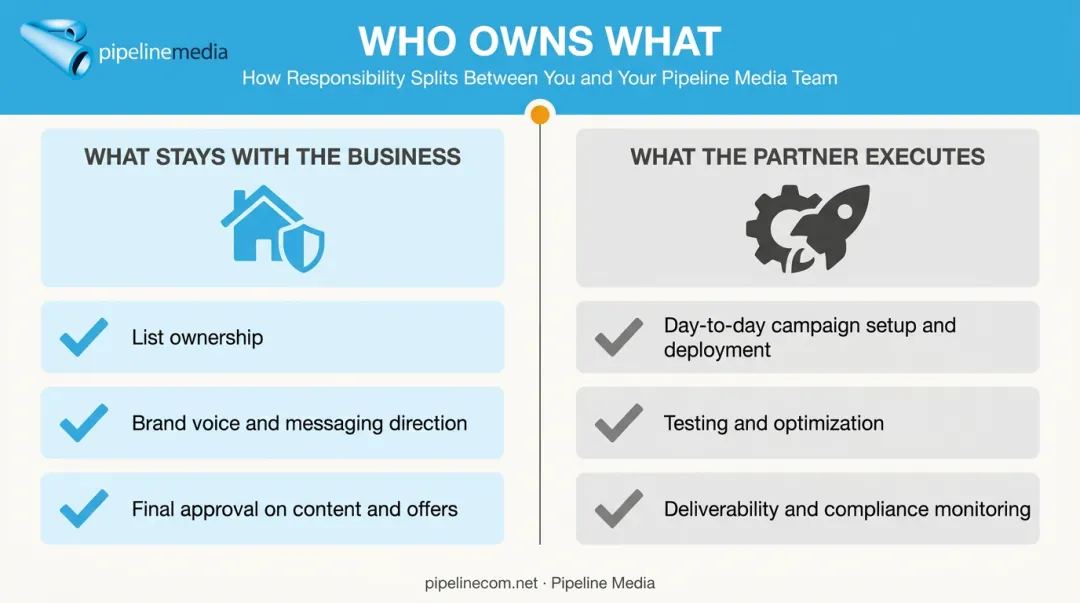 Business versus agency responsibility split in email marketing outsourcing model