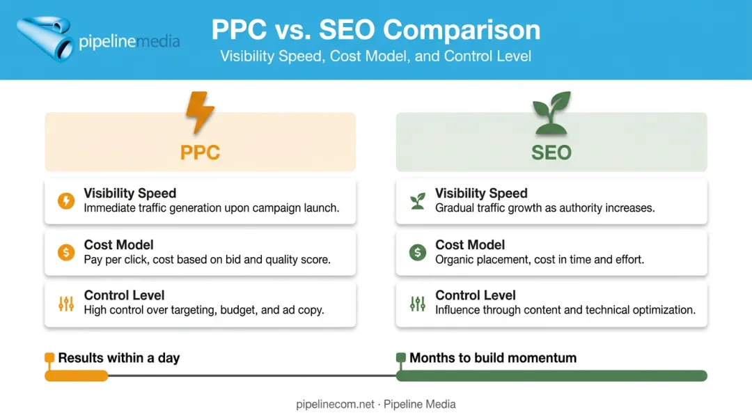 PPC versus SEO comparison showing speed cost and control differences