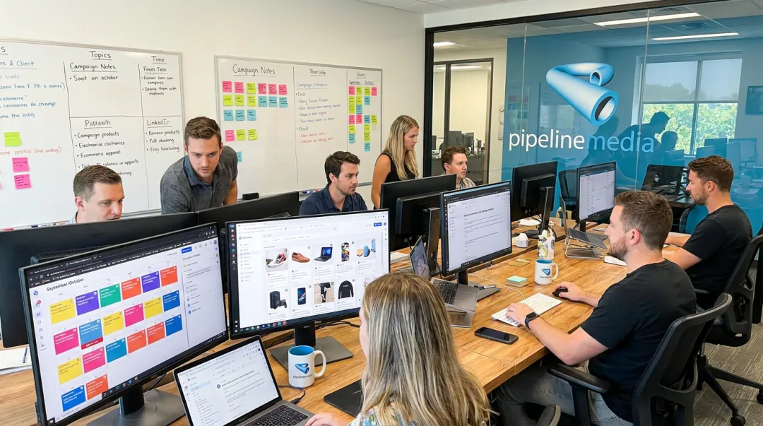 Pipeline Media team managing client social media content and engagement