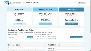 Pipeline Media Fax-To-Email dashboard showing plan pricing and page allowances