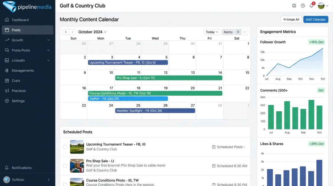 Social media management dashboard displaying scheduled posts and engagement analytics