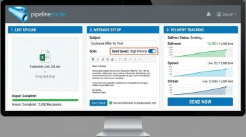 Pipeline Media email broadcasting dashboard showing send speed and testing workflow