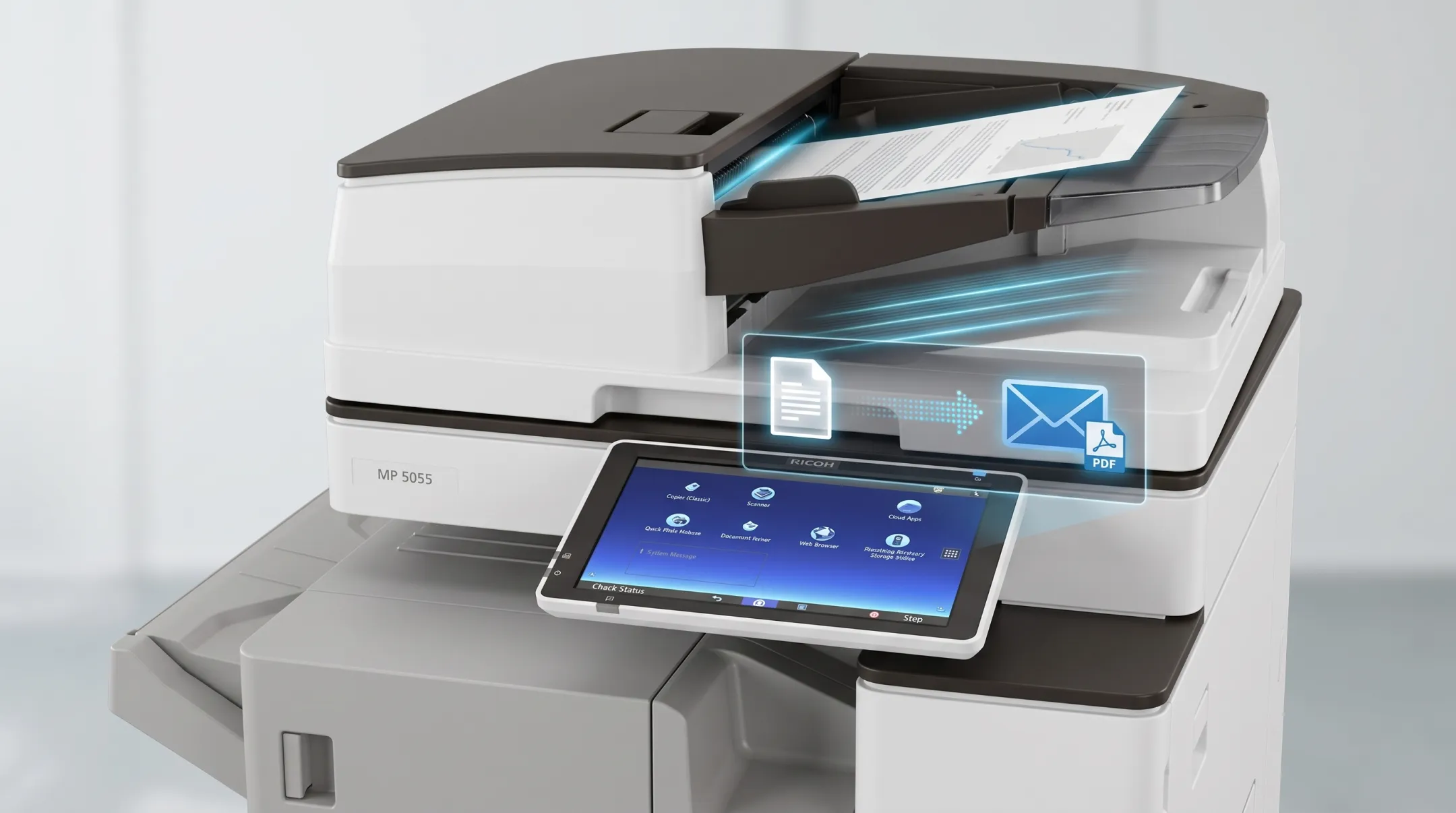 Business office multifunction printer scanning documents for email delivery