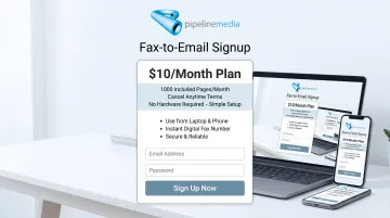 Pipeline Media fax-to-email service pricing plan and signup interface