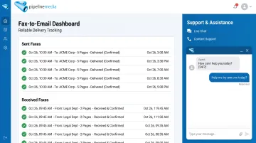 Fax-to-email dashboard displaying confirmation records and support access