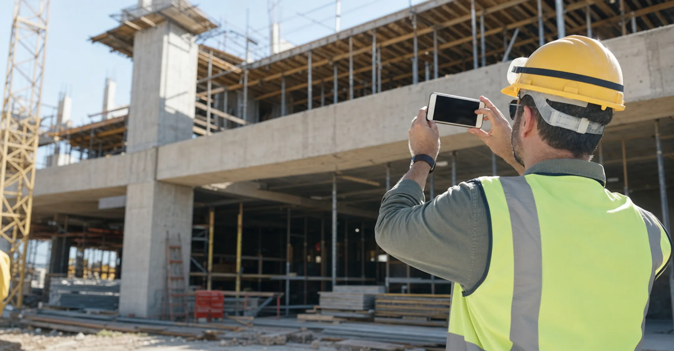 Construction crew photographing jobsite progress for social media content