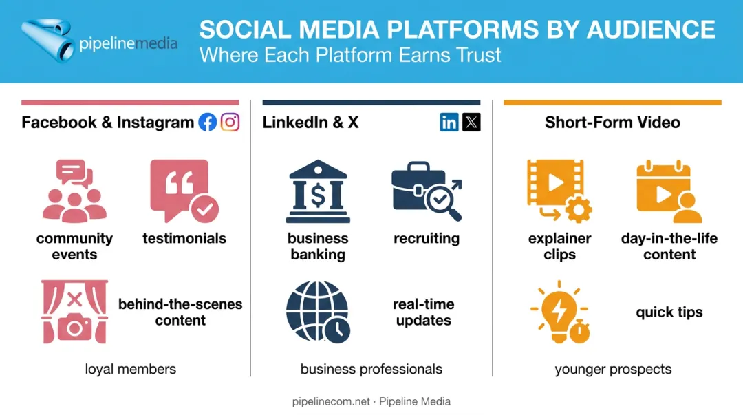 Comparison of social platforms for credit union audience targeting and content types
