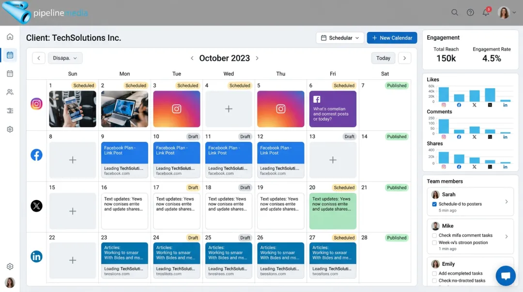 Social media management dashboard showing multi-platform content scheduling and analytics
