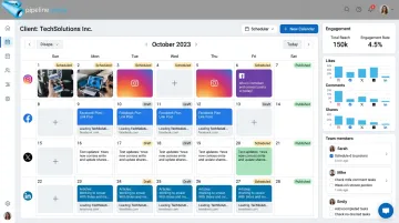 Social media management dashboard showing multi-platform content scheduling and analytics