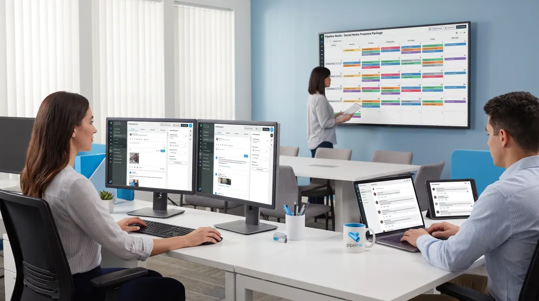 Pipeline Media team managing client social media content and engagement