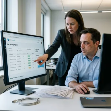 Business team managing online fax transmissions