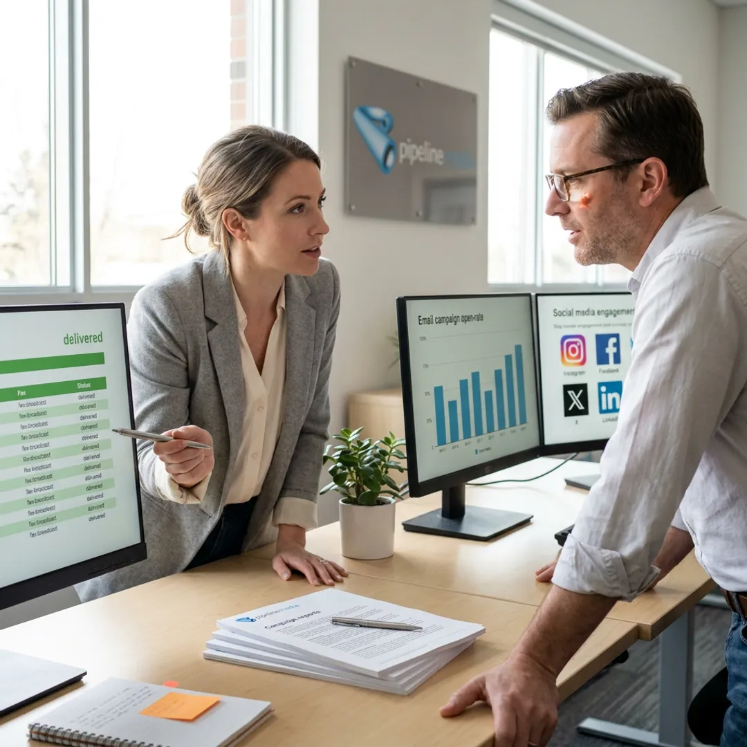 Marketing specialists managing digital campaign reports