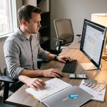 Marketing professional scheduling branded social media posts