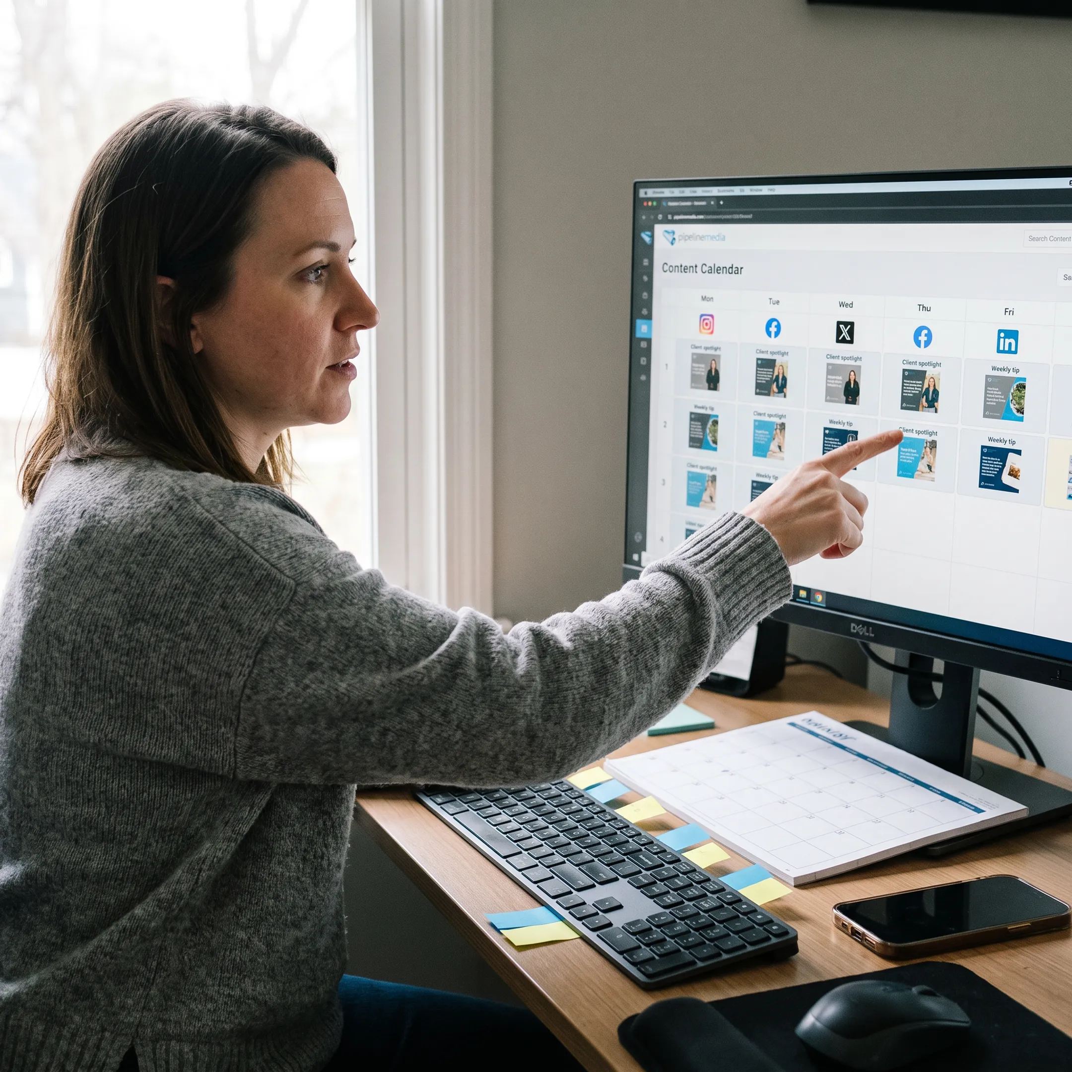 Social media manager planning branded posts for a small business